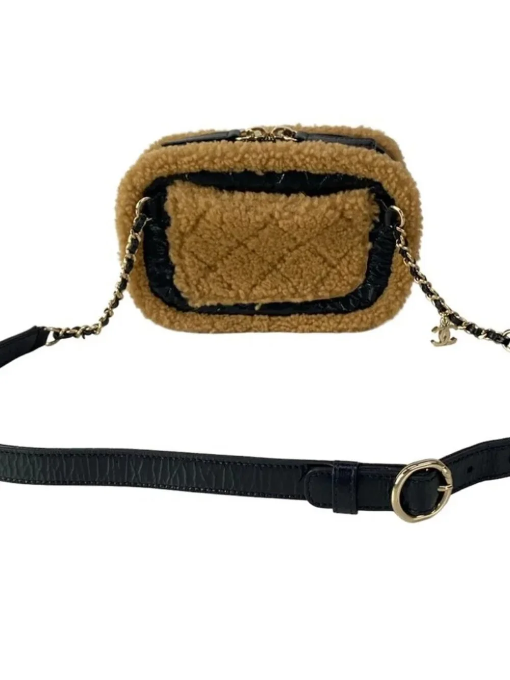 CHANEL CC Fan Black Light Brown Crumpled Sheepskin / Sheared Mouton Bum Bag